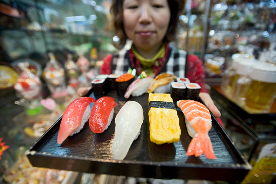 Plastic sushi for restaurant displays at Kappabashi Dougu Street in Tokyo
