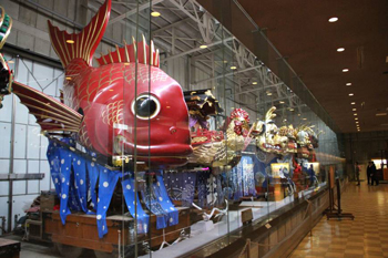 Floats on display at the Festival Float Exhibition in Karatsu