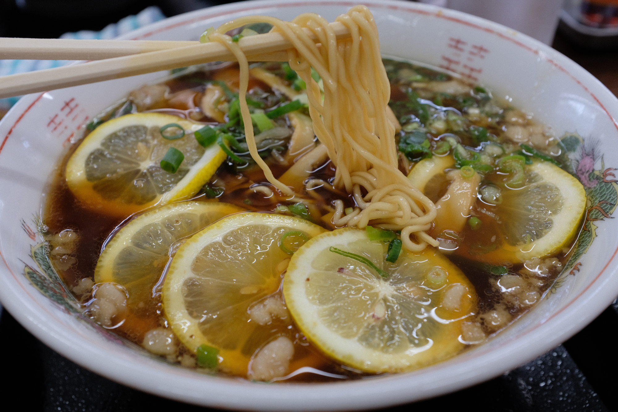 Rare ramen with lemon slices