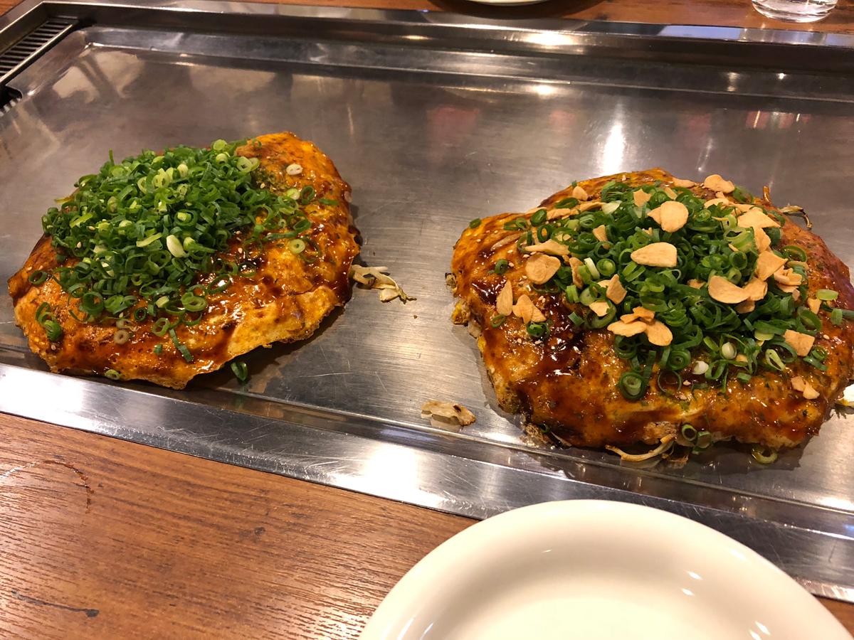 Okonomiyaki (savory Japanese pancake) is a local delicacy in Hiroshima.